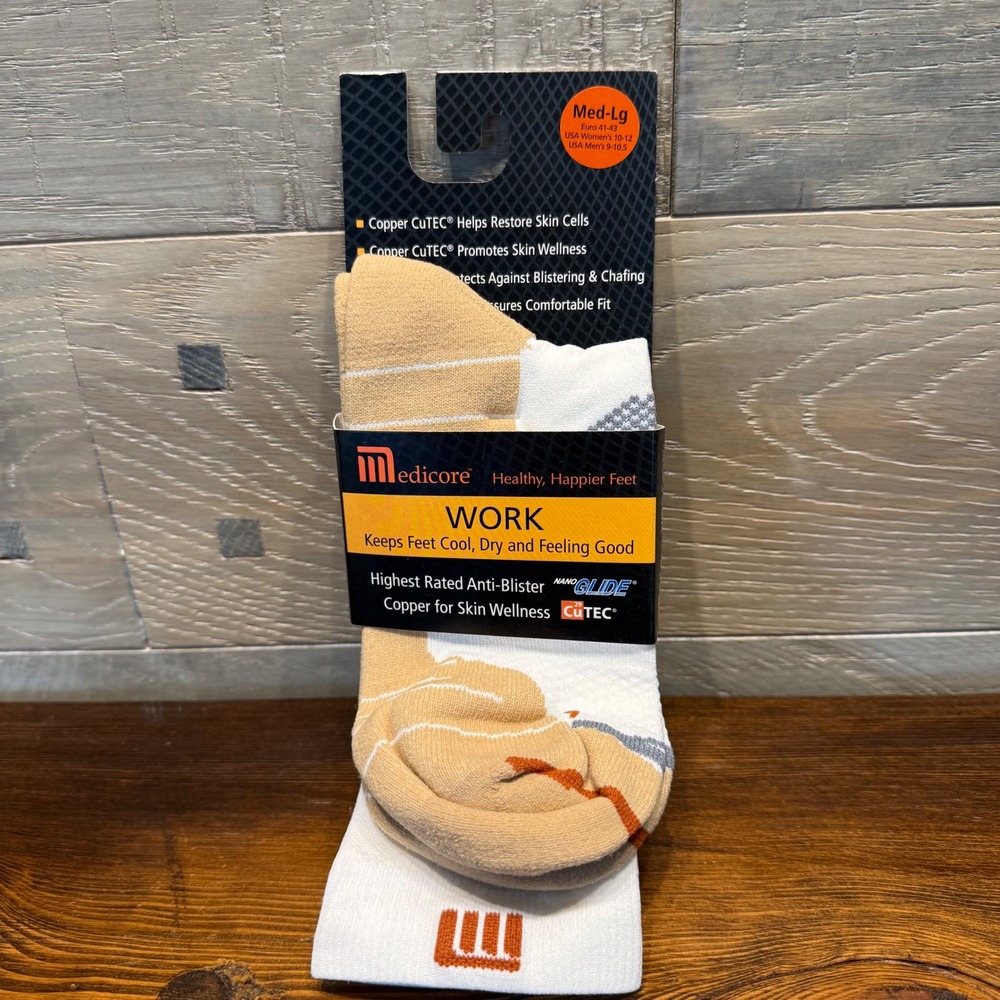 Medicore Work Socks White Med-Lg Copper CuTEC NanoGLIDE Anti-Blister Crew 10R861